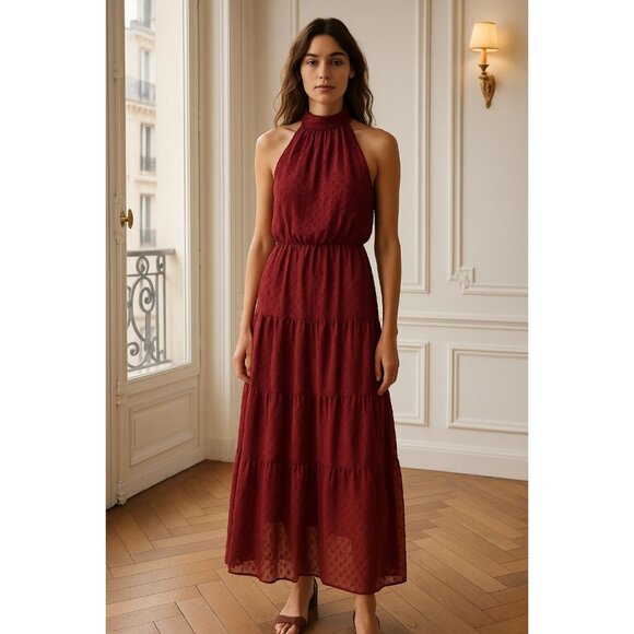 NWT Elegant Burgundy Halter Maxi Dress Tiered Semi-Sheer Perfect Evening Large - Picture 1 of 16